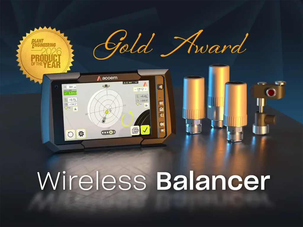 Promotional image of the Acoem Wireless Balancer showing the touchscreen display, wireless sensors, and Plant Engineering 2026 Product of the Year Gold Award recognition.