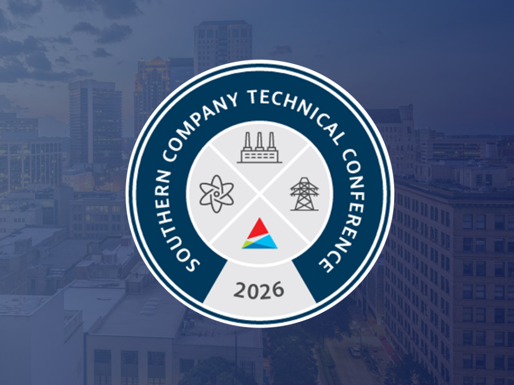Badge: Southern Company Technical Conference 2026 circular logo with factory, atom, transmission tower icons, and a colorful triangle, over a blue-tinted city background