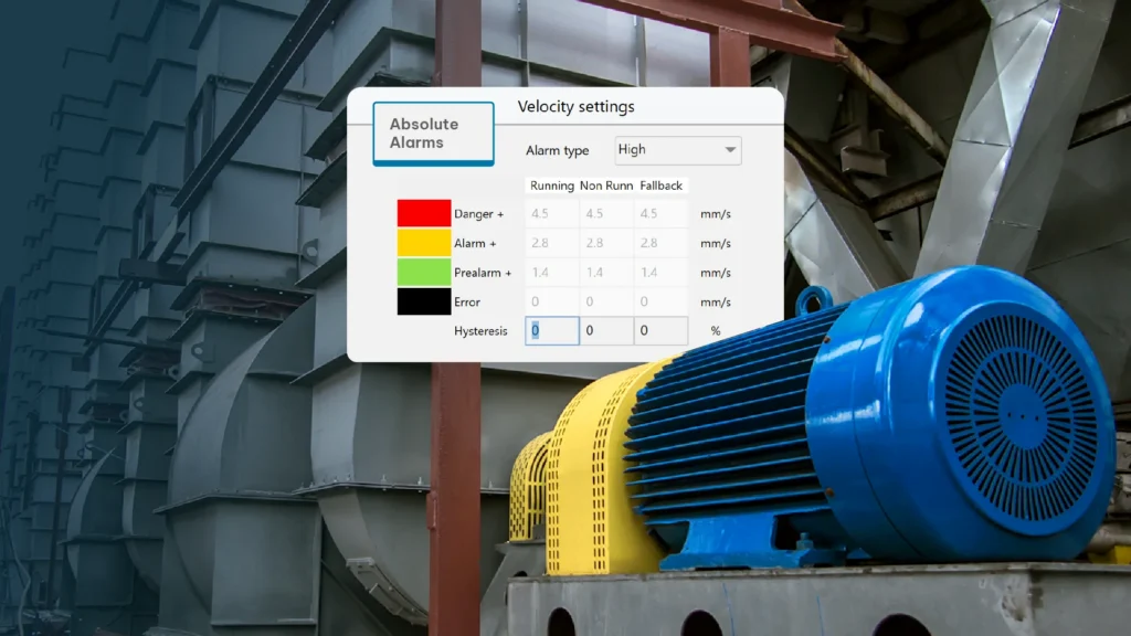 Industrial machinery scene with a large blue motor, ductwork, and four floating panels showing a rotor icon.