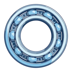 Blue ball bearing illustration with inner and outer rings and metal balls visible between rings.
