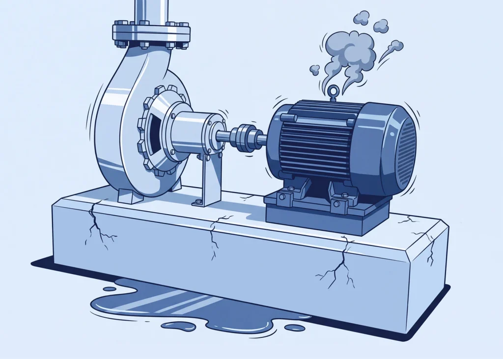 Industrial pump and motor connected by a shaft mounted on a cracked concrete base, with fluid puddles nearby and steam lines indicating operation.